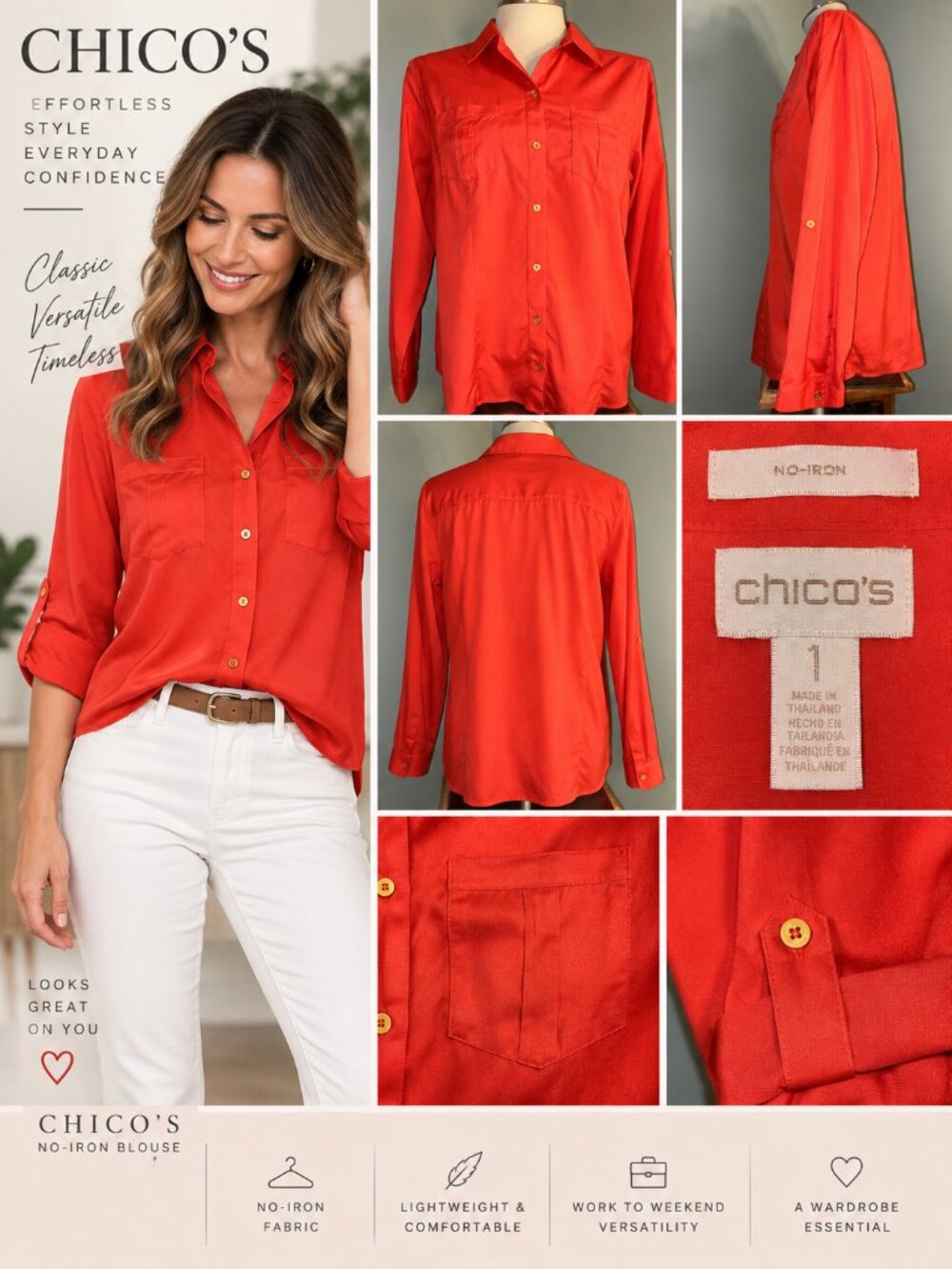 Chico’s No-Iron Red/Coral Button Front Shirt Blouse Size 1 Roll Tab Sleeves